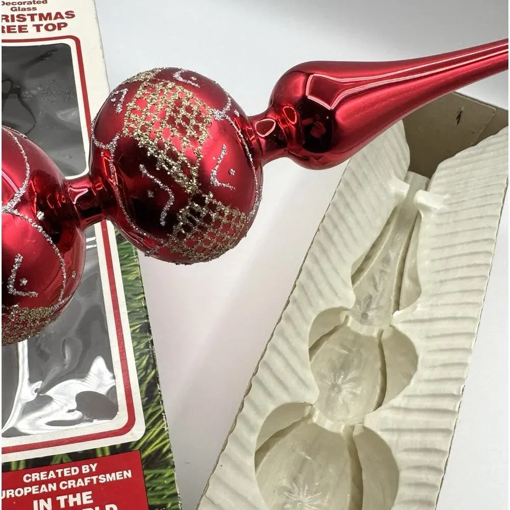 Vintage Commodore Glass Tree Topper Red 12.5” Spire Finial Gold Silver Romania